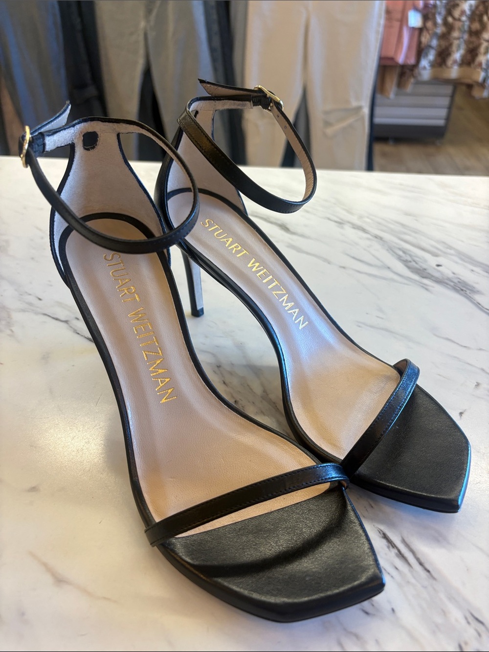 Stuart Weitzman Black Ankle-Strap Stiletto Sandals